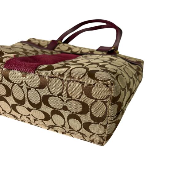 Coach Signature Stripe Tote Bag Tan Jacquard Pink Plum Patent Leather F28504 - Picture 10 of 15